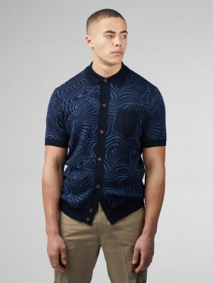 Ben Sherman B by Ben Sherman Swirl Jacquard Button Through Polo Knitwear Navy | OISETM-504