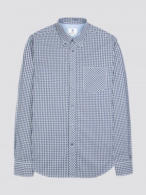 Ben Sherman Signature Long-Sleeve Gingham Shirts Dark Blue | HUSMPF-435