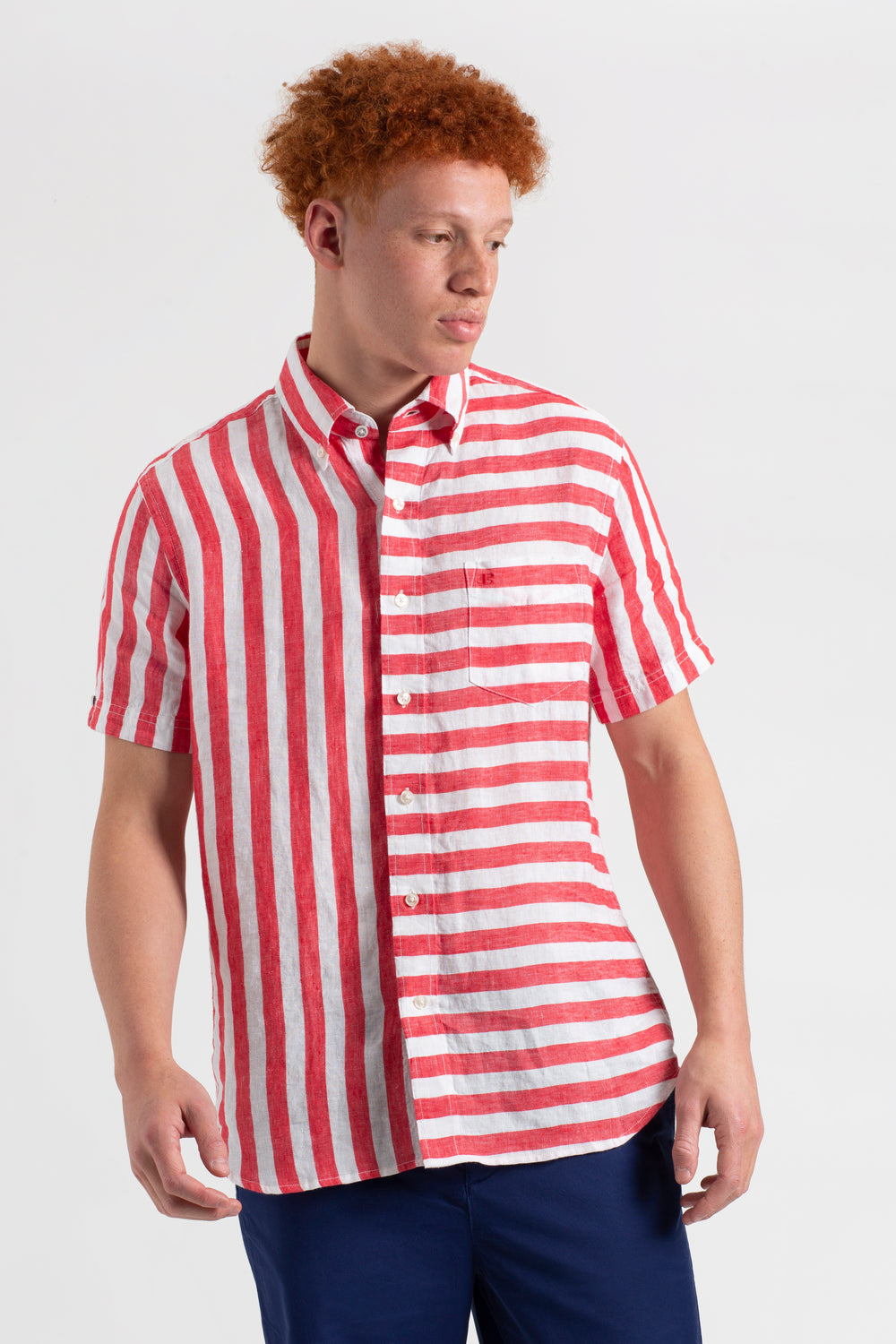 Ben Sherman B by Ben Sherman Candy Stripe Linen Short Sleeve Shirts Pink Red | AXCFZO-293