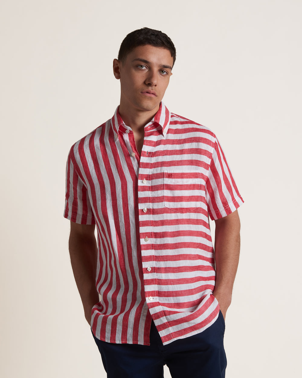 Ben Sherman B by Ben Sherman Candy Stripe Linen Short Sleeve Shirts Pink Red | AXCFZO-293