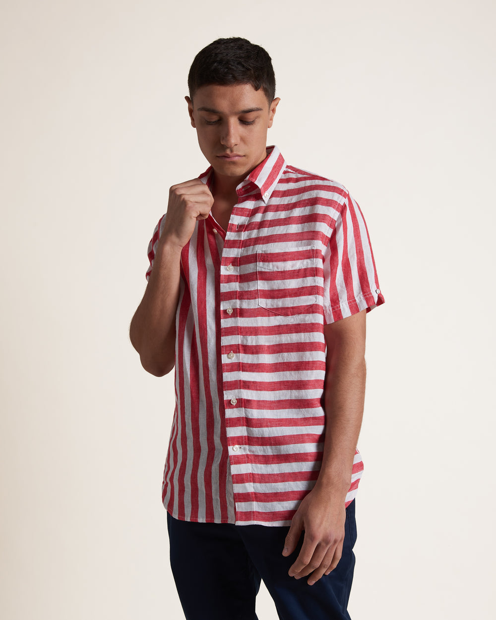 Ben Sherman B by Ben Sherman Candy Stripe Linen Short Sleeve Shirts Pink Red | AXCFZO-293