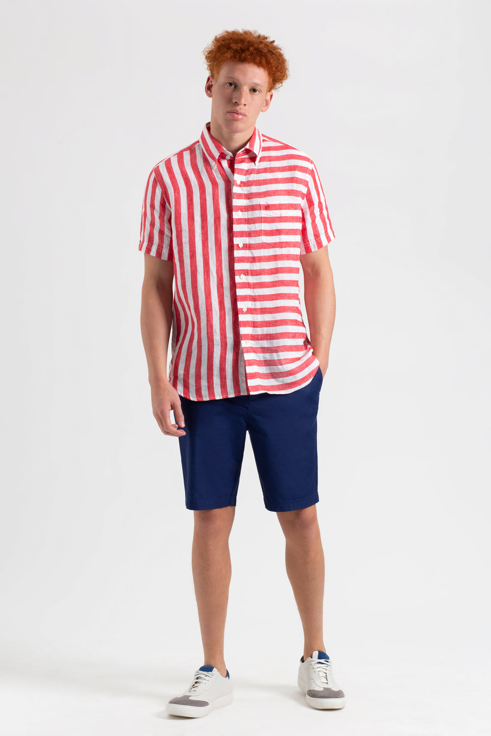 Ben Sherman B by Ben Sherman Candy Stripe Linen Short Sleeve Shirts Pink Red | AXCFZO-293