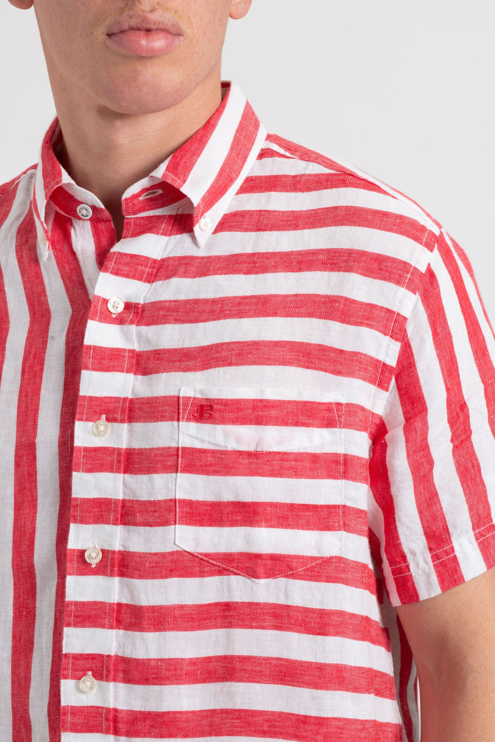 Ben Sherman B by Ben Sherman Candy Stripe Linen Short Sleeve Shirts Pink Red | AXCFZO-293