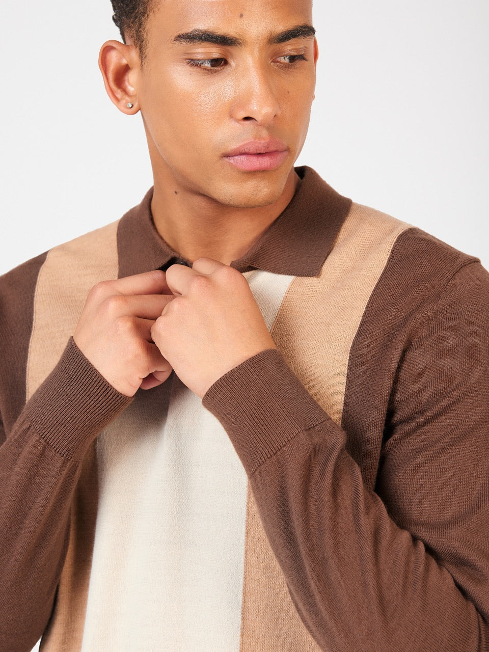 Ben Sherman Block Stripe Merino Polo Neck Sweaters Chocolate | KYUXFP-723