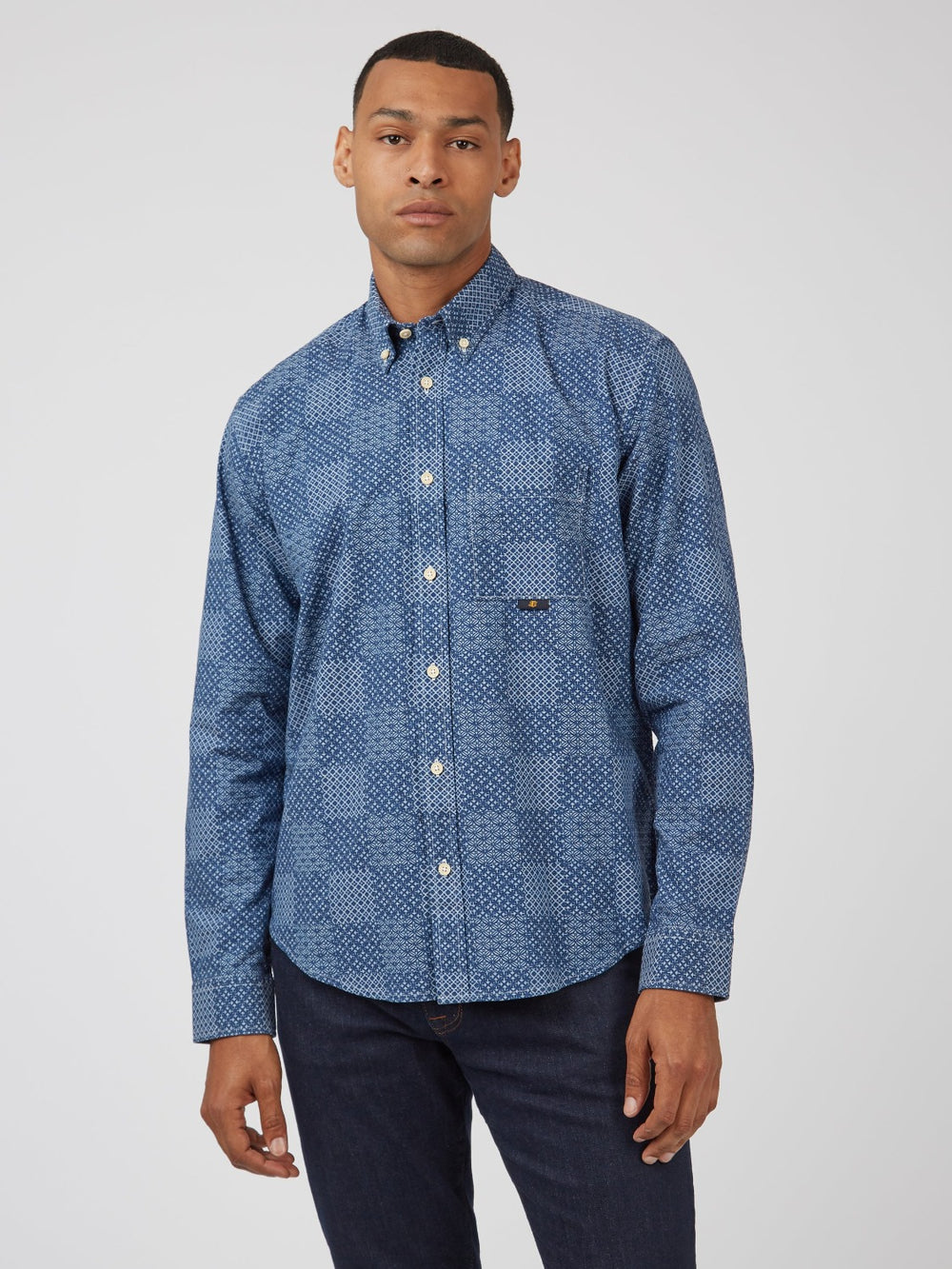 Ben Sherman Chambray Patchwork Geo Print Long-Sleeve Shirts Blue | BDJRFX-620