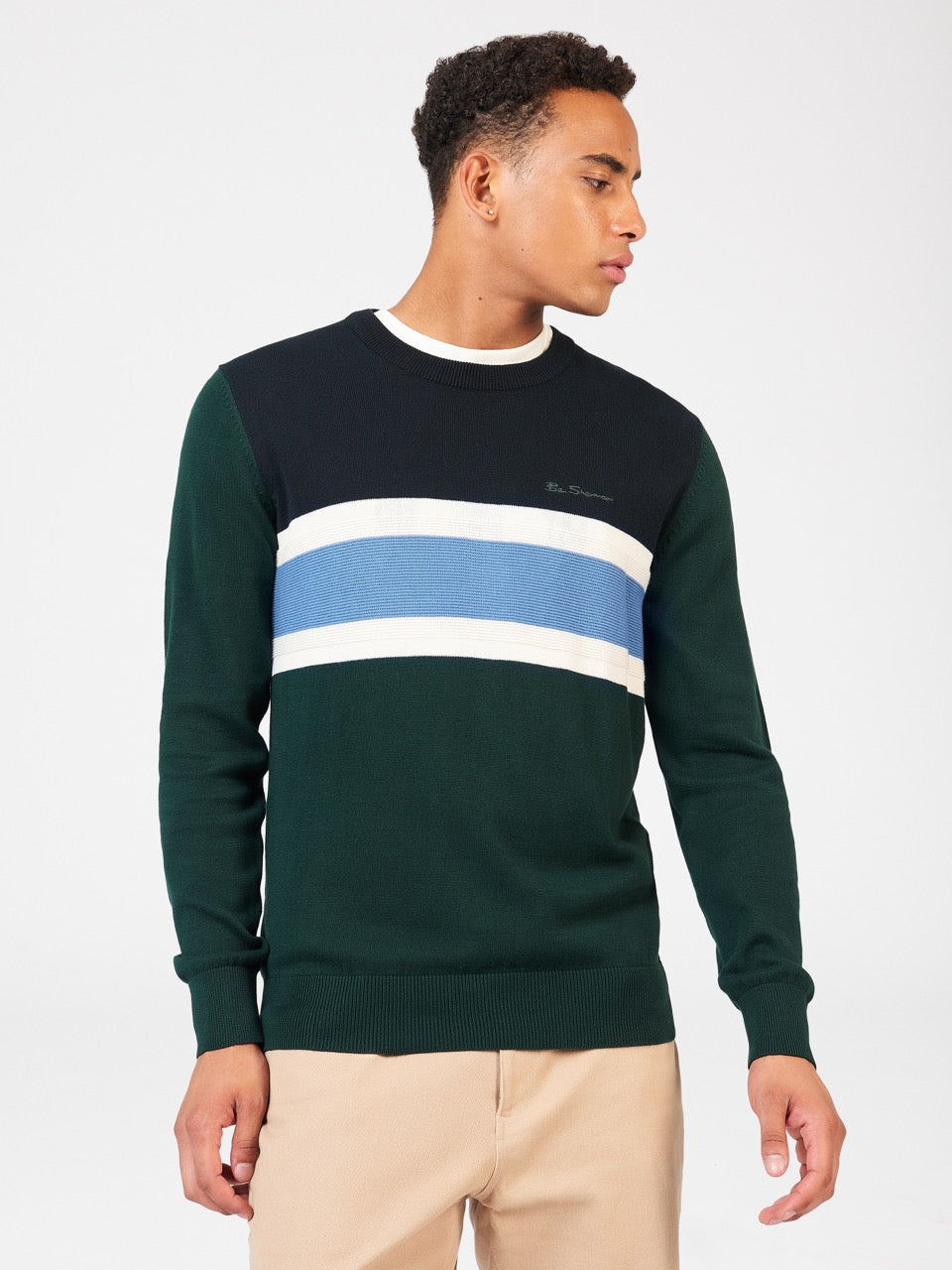 Ben Sherman Chest Stripe Crewneck Knitwear Dark Green | VXJPHE-867