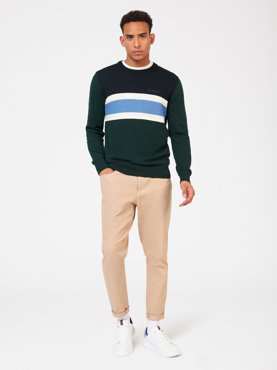 Ben Sherman Chest Stripe Crewneck Knitwear Dark Green | VXJPHE-867