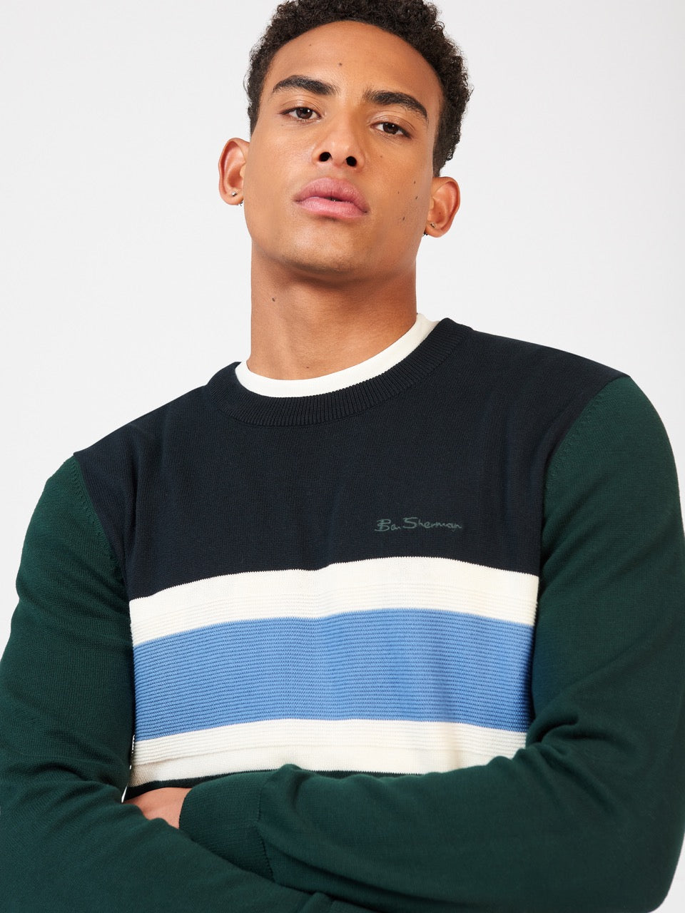 Ben Sherman Chest Stripe Crewneck Knitwear Dark Green | VXJPHE-867