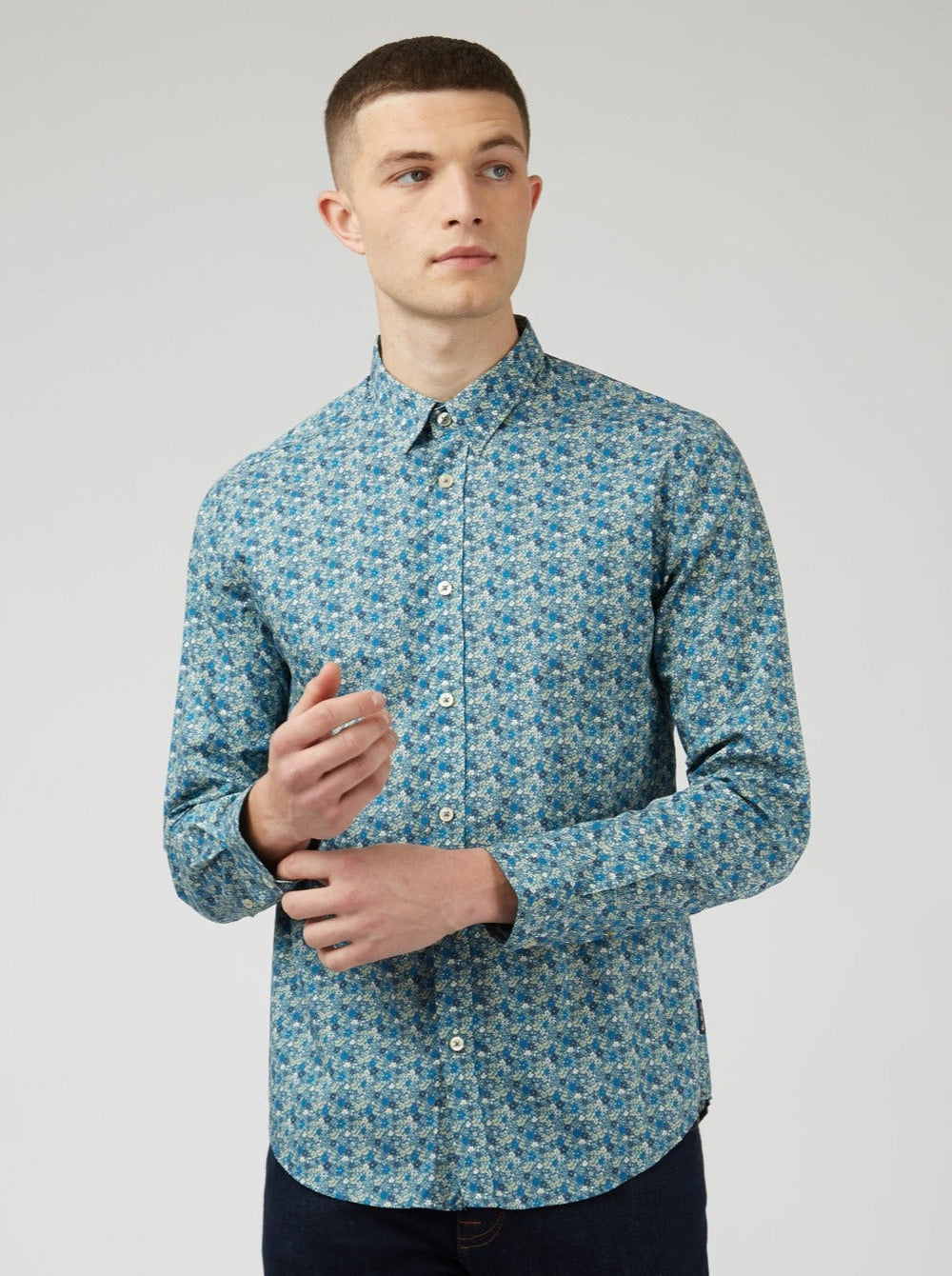 Ben Sherman Floral Print Long-Sleeve Shirts Blue Grey | EFHNIM-879