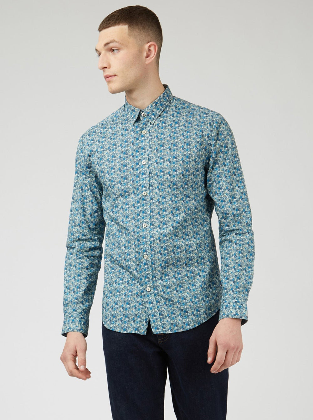 Ben Sherman Floral Print Long-Sleeve Shirts Blue Grey | EFHNIM-879