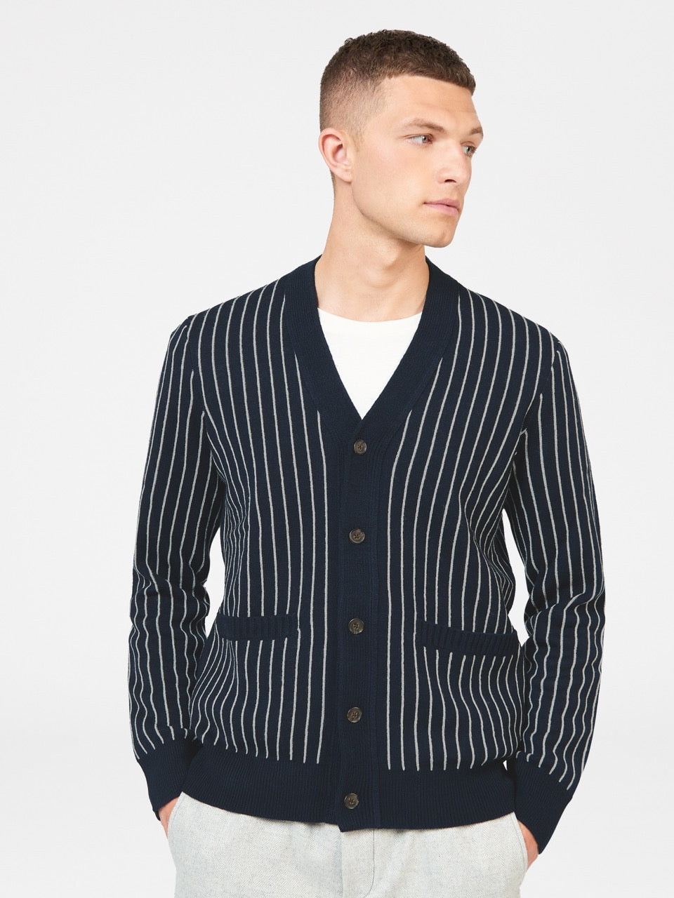 Ben Sherman Jacquard Stripe Cardigan Knitwear Navy | DIGCFY-236