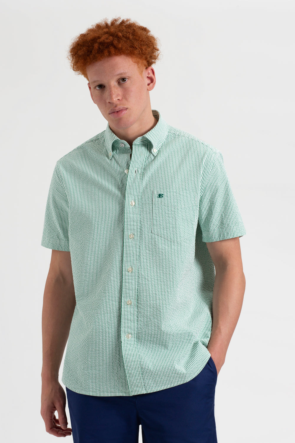 Ben Sherman Seersucker Bengal Stripe Shirts Green | KSRFOL-136