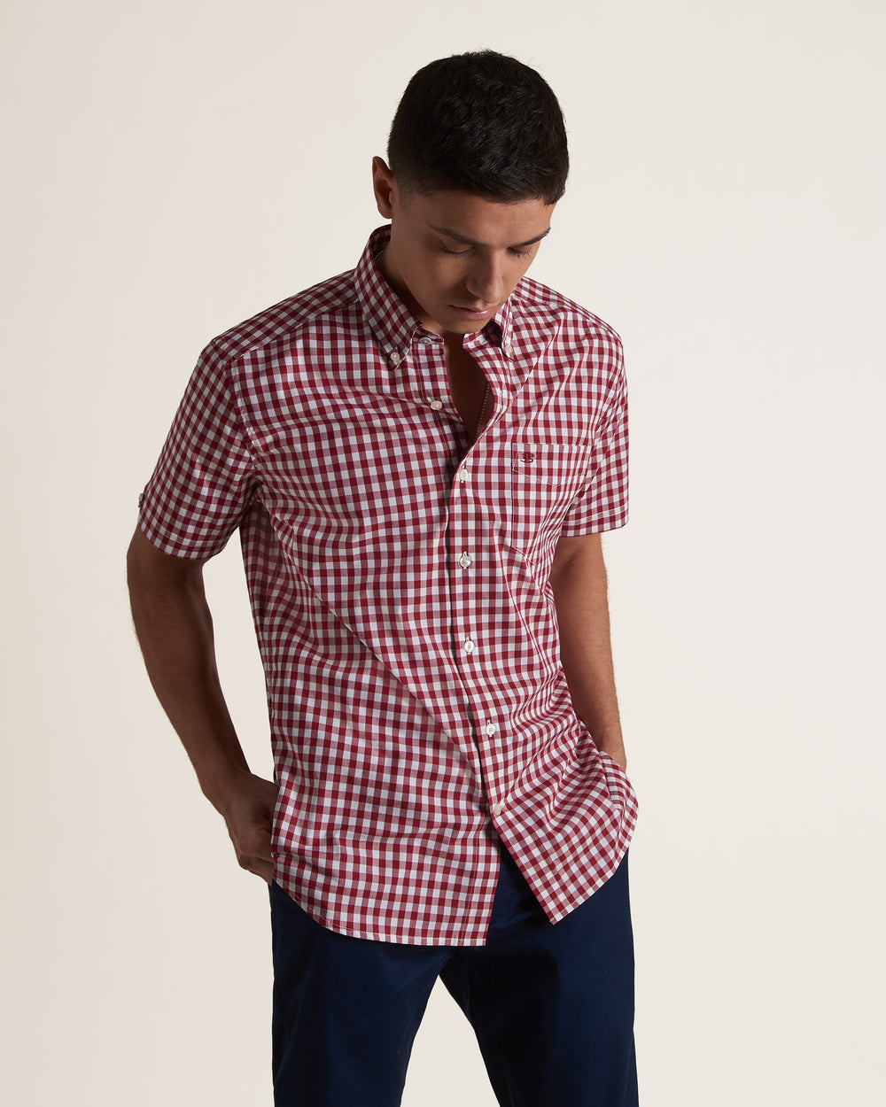 Ben Sherman Short Sleeve House Poplin Gingham Shirts Burgundy | GRBLAY-205