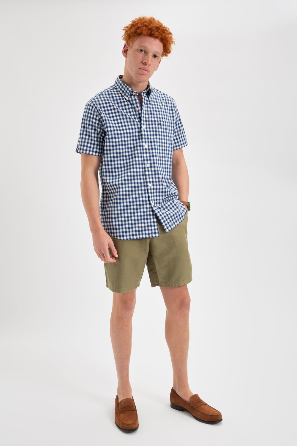 Ben Sherman Short Sleeve House Poplin Gingham Shirts Navy / Olive | UXPTAZ-693